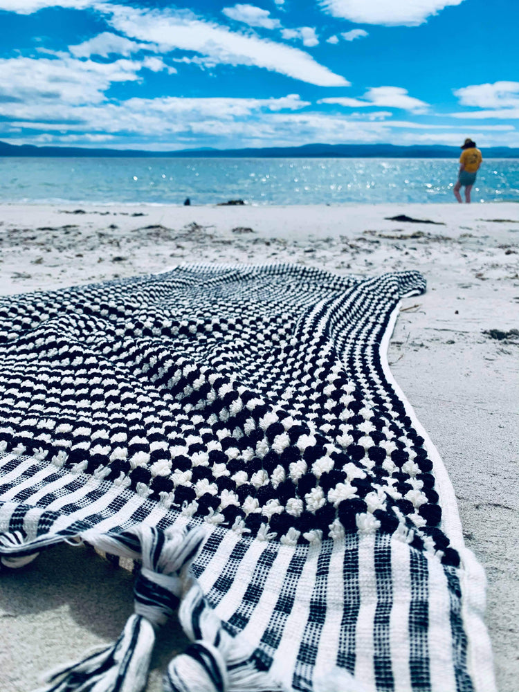 black and white tassel pompom beach towel